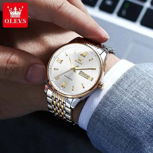 OLEVS 6777 Men's Luxury Automatic Mechanical Luminous Watch - Model Picture Two Tone White