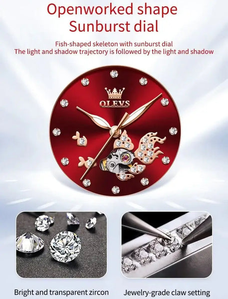 OLEVS 7001 Women's Luxury Automatic Mechanical Lucky Koi Design Luminous Watch - Features