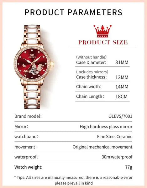 OLEVS 7001 Women's Luxury Automatic Mechanical Lucky Koi Design Luminous Watch - Specifications