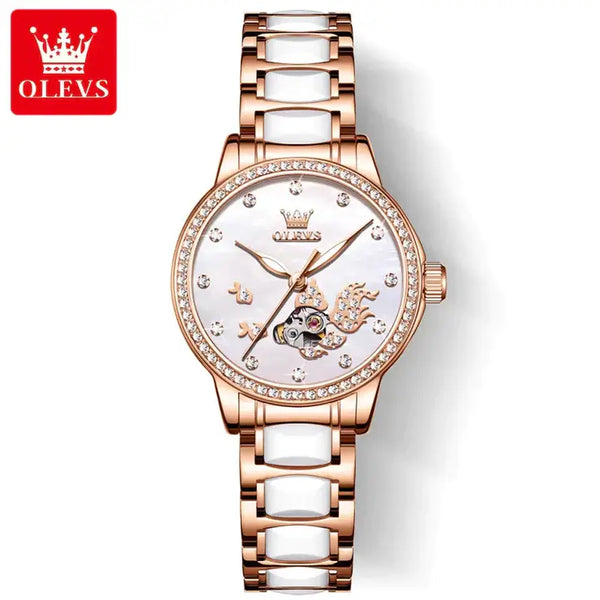 OLEVS 7001 Women's Luxury Automatic Mechanical Lucky Koi Design Luminous Watch - White Face