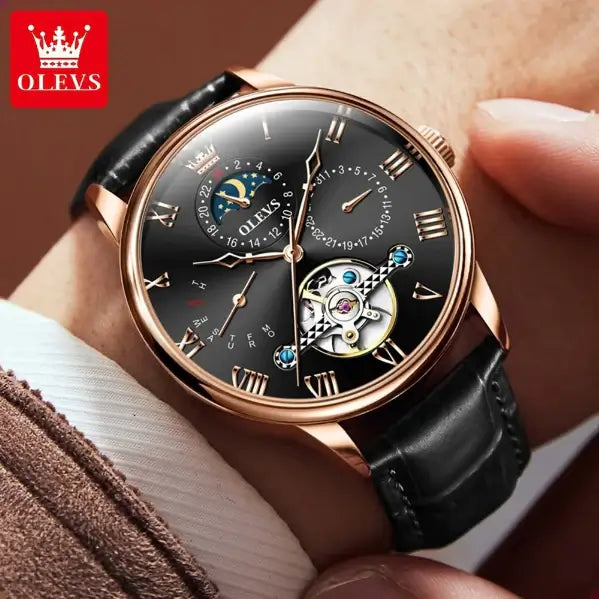 OLEVS 7009 Men's Luxury Automatic Mechanical Hollow Flywheel Design Moon Phase Watch - Model Picture Rose Gold Black