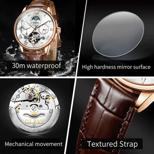 OLEVS 7009 Men's Luxury Automatic Mechanical Hollow Flywheel Design Moon Phase Watch - Multiple Features Leather Strap