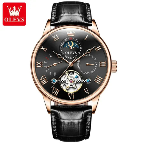 OLEVS 7009 Men's Luxury Automatic Mechanical Hollow Flywheel Design Moon Phase Watch - Rose Gold Black Face Black Leather Strap