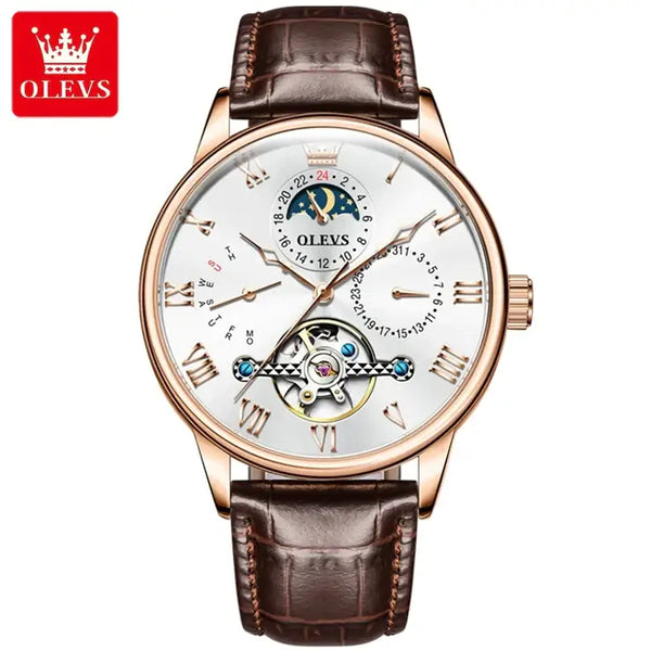 OLEVS 7009 Men's Luxury Automatic Mechanical Hollow Flywheel Design Moon Phase Watch - Rose Gold White Face Brown Leather Strap