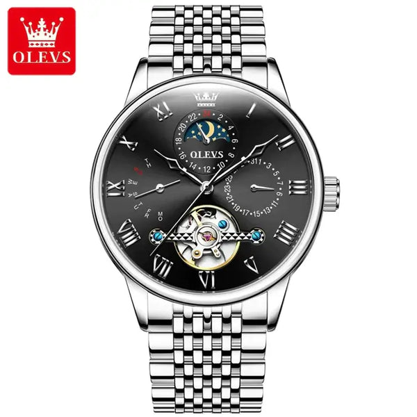 OLEVS 7009 Men's Luxury Automatic Mechanical Hollow Flywheel Design Moon Phase Watch - Silver Black Face Stainless Steel Strap