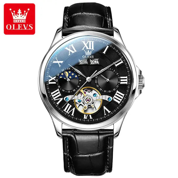 OLEVS 7013 Men's Luxury Automatic Mechanical Hollow Flywheel Design Moon Phase Watch - Silver Black Face Black Leather Strap