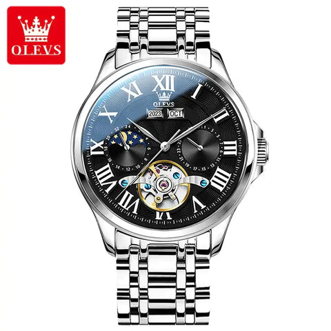 OLEVS 7013 Men's Luxury Automatic Mechanical Hollow Flywheel Design Moon Phase Watch - Silver Black Face Stainless Steel Strap