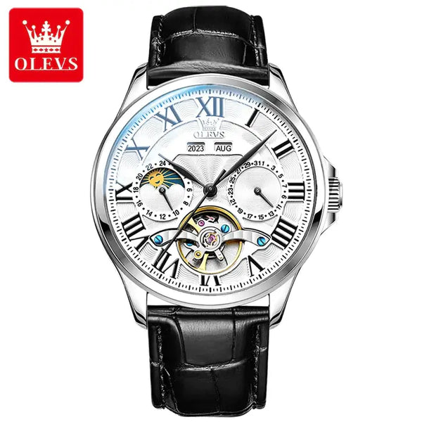 OLEVS 7013 Men's Luxury Automatic Mechanical Hollow Flywheel Design Moon Phase Watch - Silver White Face Black Leather Strap