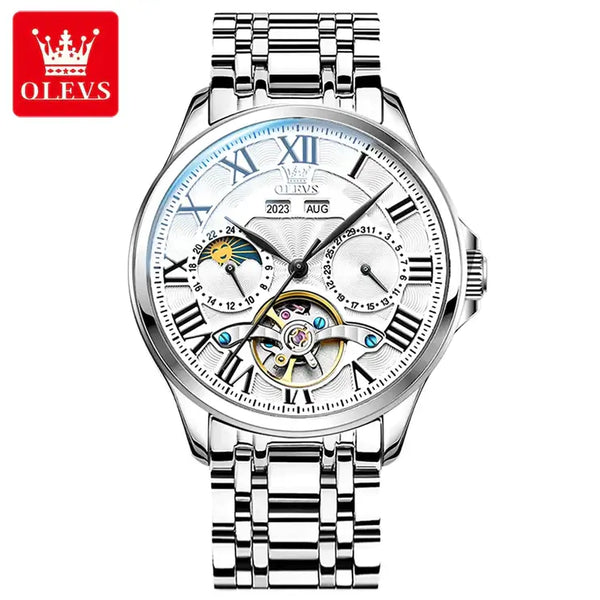 OLEVS 7013 Men's Luxury Automatic Mechanical Hollow Flywheel Design Moon Phase Watch - Silver White Face Stainless Steel Strap