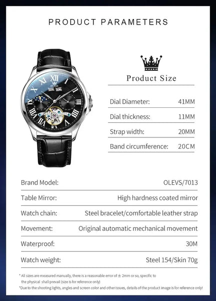 OLEVS 7013 Men's Luxury Automatic Mechanical Hollow Flywheel Design Moon Phase Watch - Specifications