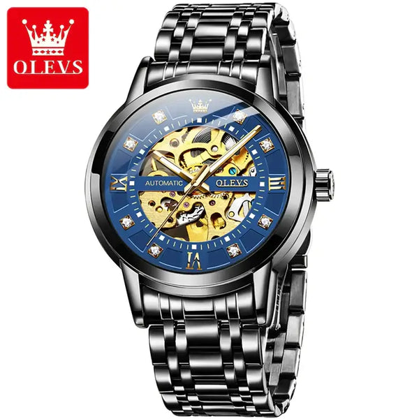 OLEVS 9901 Men's Luxury Automatic Mechanical Skeleton Design Luminous Watch - Black Blue Face