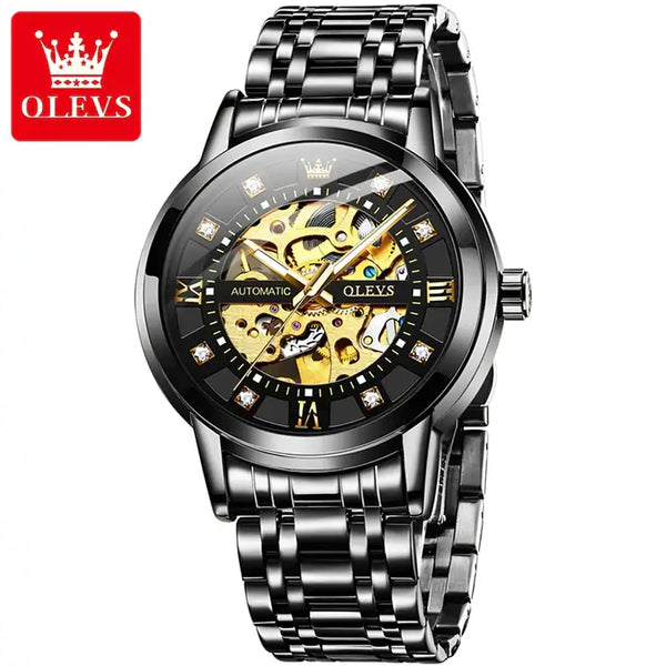 OLEVS 9901 Men's Luxury Automatic Mechanical Skeleton Design Luminous Watch - Full Black
