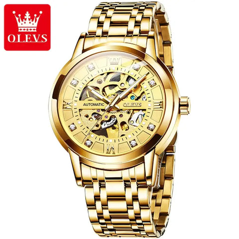 OLEVS 9901 Men's Luxury Automatic Mechanical Skeleton Design Luminous Watch - Full Gold