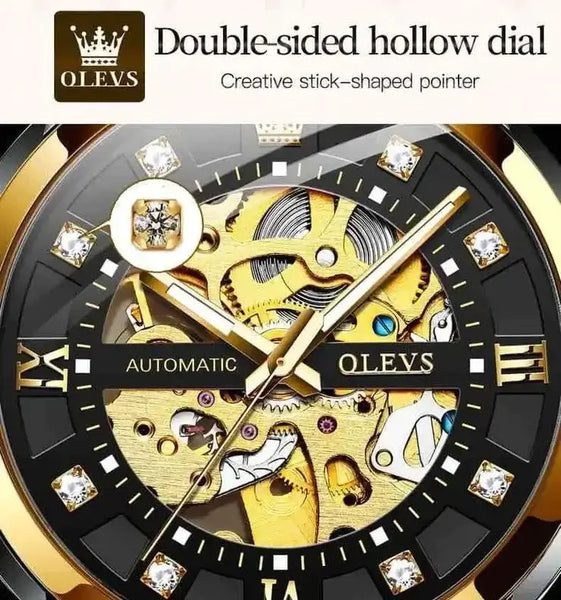 OLEVS 9901 Men's Luxury Automatic Mechanical Skeleton Design Luminous Watch - Double Sided Hollow Design