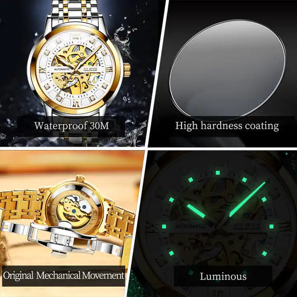 OLEVS 9901 Men's Luxury Automatic Mechanical Skeleton Design Luminous Watch - Multiple Features