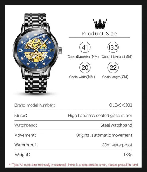 OLEVS 9901 Men's Luxury Automatic Mechanical Skeleton Design Luminous Watch - Specifications