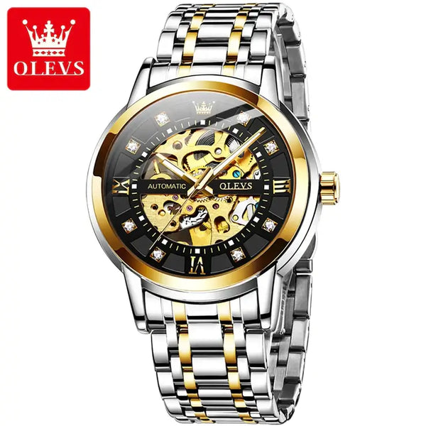 OLEVS 9901 Men's Luxury Automatic Mechanical Skeleton Design Luminous Watch - Two Tone Black Face