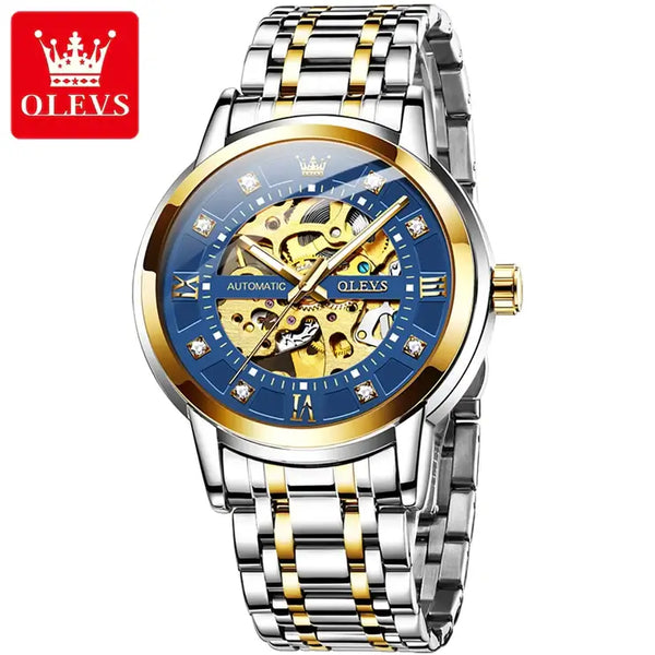 OLEVS 9901 Men's Luxury Automatic Mechanical Skeleton Design Luminous Watch - Two Tone Blue Face