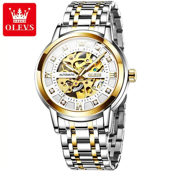 OLEVS 9901 Men's Luxury Automatic Mechanical Skeleton Design Luminous Watch - Two Tone White Face