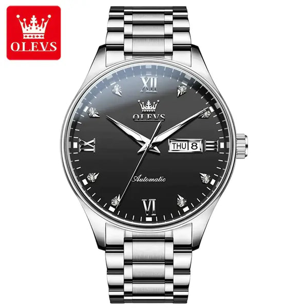 OLEVS 9955 Men's Luxury Automatic Mechanical Luminous Watch - Silver Black Face