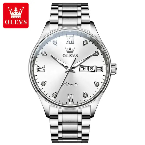 OLEVS 9955 Men's Luxury Automatic Mechanical Luminous Watch - Silver White Face