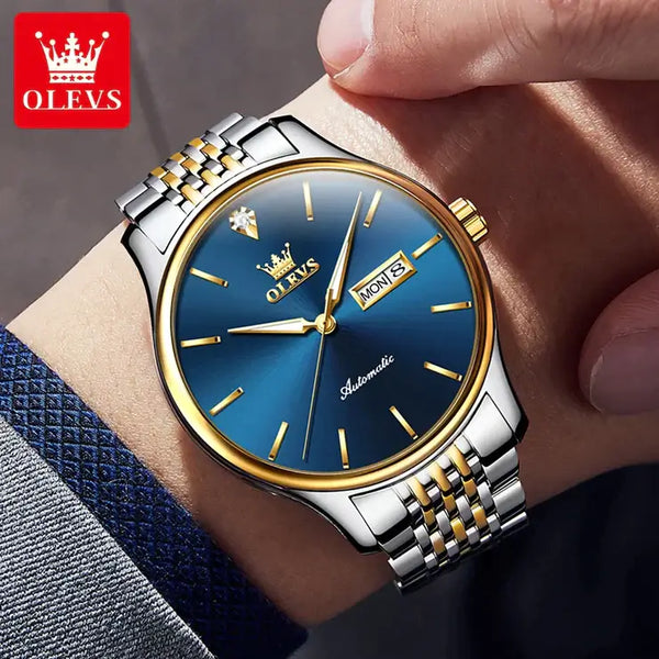 OLEVS 9960 Men's Luxury Automatic Mechanical Luminous Watch - Model Picture Two Tone Blue