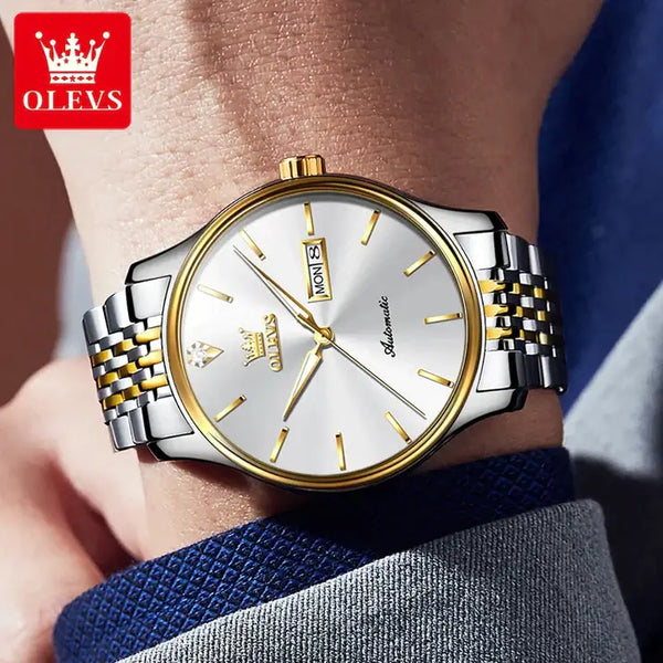 OLEVS 9960 Men's Luxury Automatic Mechanical Luminous Watch - Model Picture Two Tone White