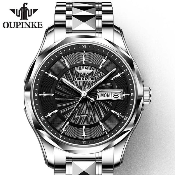 OUPINKE 3172 Men's Luxury Automatic Mechanical Luminous Watch - Silver Black Face