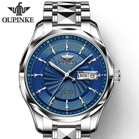 OUPINKE 3172 Men's Luxury Automatic Mechanical Luminous Watch - Silver Blue Face