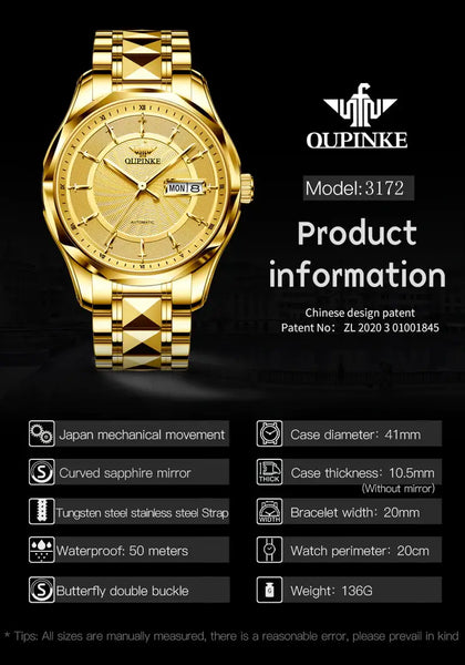 OUPINKE 3172 Men's Luxury Automatic Mechanical Luminous Watch - Specifications
