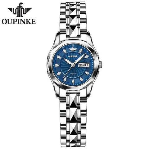 OUPINKE 3172 Women's Luxury Automatic Mechanical Luminous Watch - Silver Blue Face