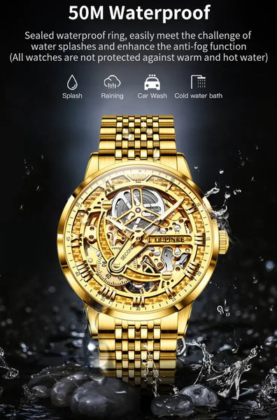 OUPINKE 3173 Men's Luxury Automatic Mechanical Skeleton Design Luminous Watch - 5ATM Waterproof