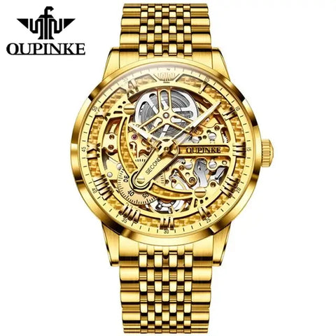 OUPINKE 3173 Men's Luxury Automatic Mechanical Skeleton Design Luminous Watch - Full Gold Tungsten Steel Strap 