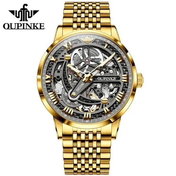 OUPINKE 3173 Men's Luxury Automatic Mechanical Skeleton Design Luminous Watch - Gold Gray Tungsten Steel Strap 