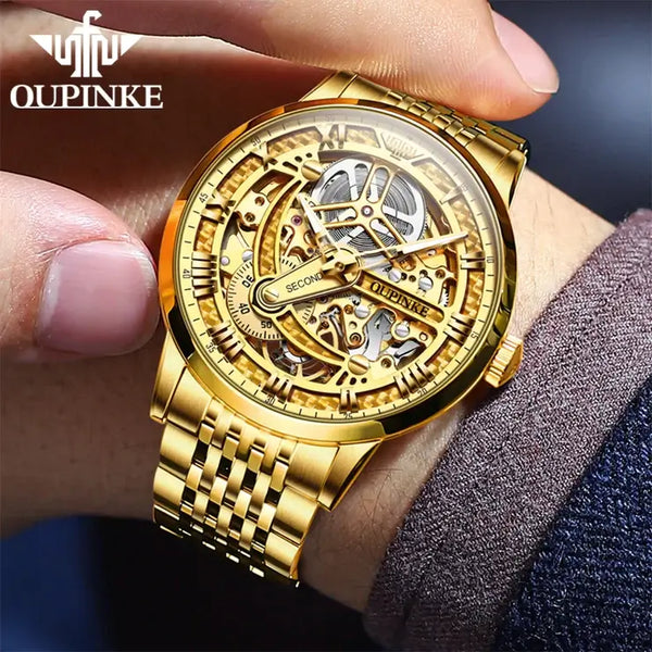 OUPINKE 3173 Men's Luxury Automatic Mechanical Skeleton Design Luminous Watch - Model Picture Full Gold