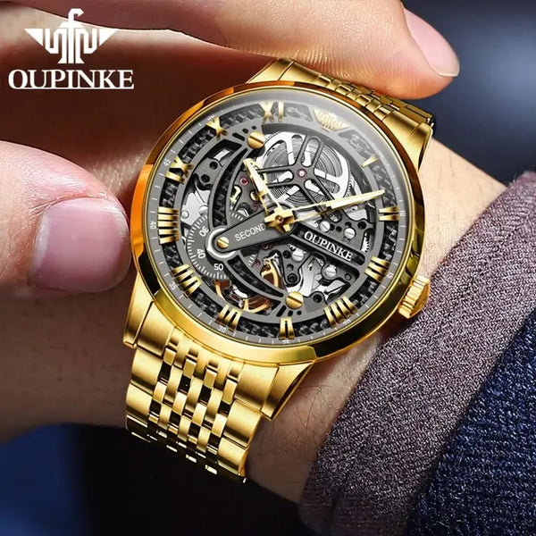 OUPINKE 3173 Men's Luxury Automatic Mechanical Skeleton Design Luminous Watch - Model Picture Gold Gray