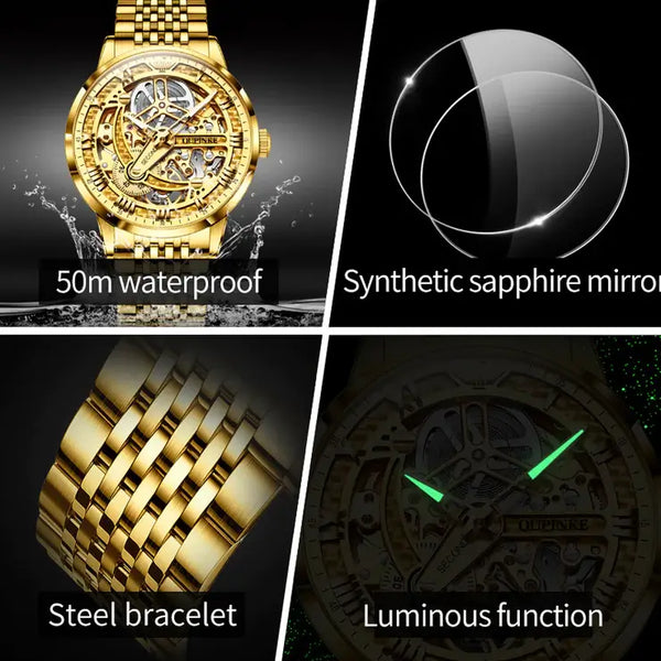 OUPINKE 3173 Men's Luxury Automatic Mechanical Skeleton Design Luminous Watch - Multiple Features