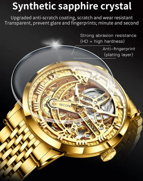 OUPINKE 3173 Men's Luxury Automatic Mechanical Skeleton Design Luminous Watch - Sapphire Mirror