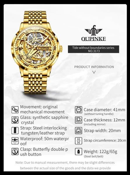 OUPINKE 3173 Men's Luxury Automatic Mechanical Skeleton Design Luminous Watch - Specifications