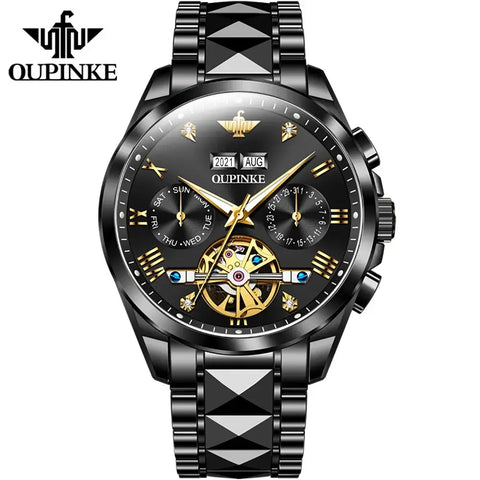 OUPINKE 3186 Men's Luxury Automatic Mechanical Complete Calendar Luminous Watch - Full Black