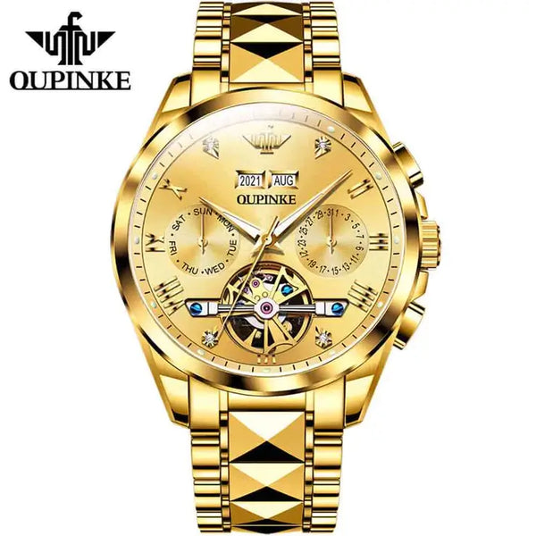 OUPINKE 3186 Men's Luxury Automatic Mechanical Complete Calendar Luminous Watch - Full Gold