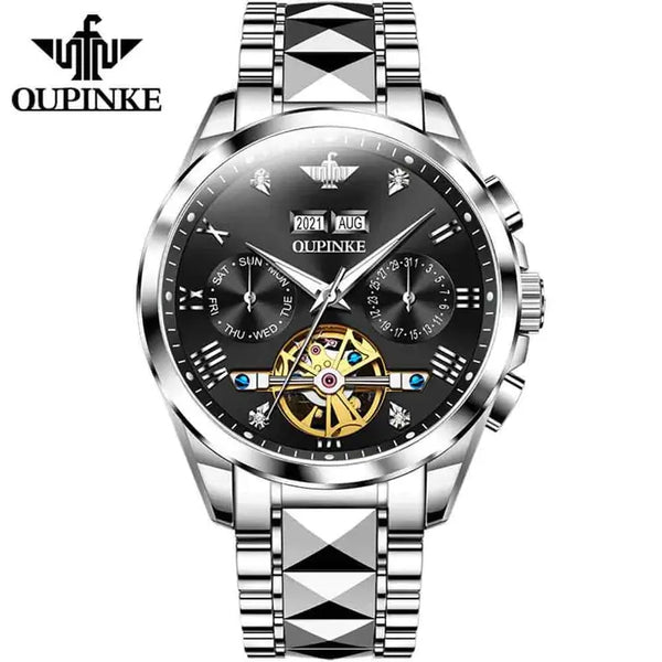 OUPINKE 3186 Men's Luxury Automatic Mechanical Complete Calendar Luminous Watch - Silver Black Face