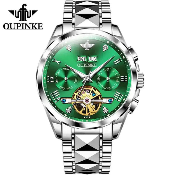 OUPINKE 3186 Men's Luxury Automatic Mechanical Complete Calendar Luminous Watch - Silver Green Face