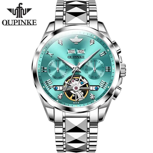 OUPINKE 3186 Men's Luxury Automatic Mechanical Complete Calendar Luminous Watch - Silver Turquoise Blue Face
