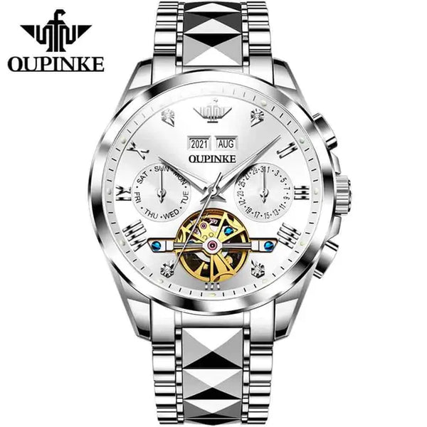 OUPINKE 3186 Men's Luxury Automatic Mechanical Complete Calendar Luminous Watch - Silver White Face