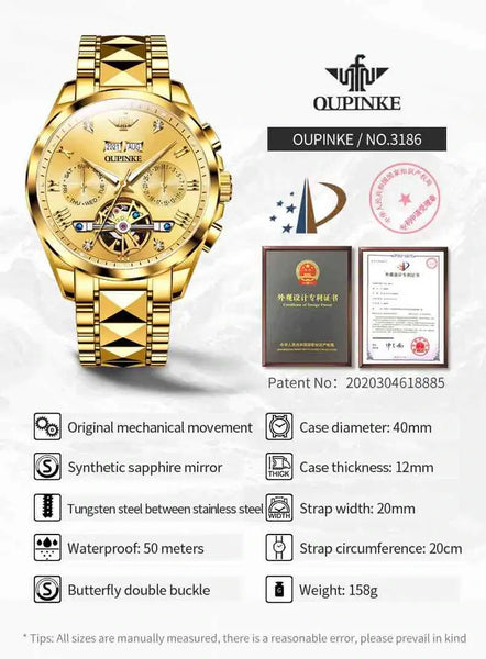 OUPINKE 3186 Men's Luxury Automatic Mechanical Complete Calendar Luminous Watch - Specifications