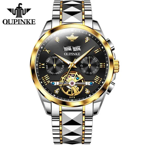 OUPINKE 3186 Men's Luxury Automatic Mechanical Complete Calendar Luminous Watch - Two Tone Black Face