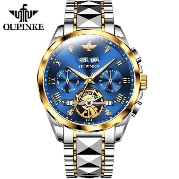 OUPINKE 3186 Men's Luxury Automatic Mechanical Complete Calendar Luminous Watch - Two Tone Blue Face