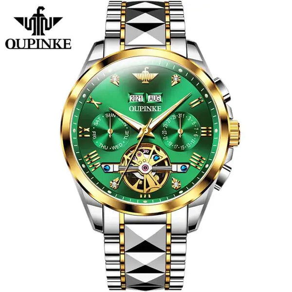 OUPINKE 3186 Men's Luxury Automatic Mechanical Complete Calendar Luminous Watch - Two Tone Green Face