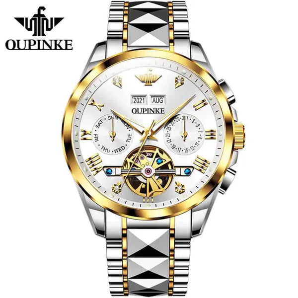 OUPINKE 3186 Men's Luxury Automatic Mechanical Complete Calendar Luminous Watch - Two Tone White Face